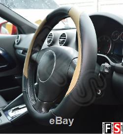 Universal Black/beige 37 To 39cm Faux Leather Steering Wheel Cover-lrv